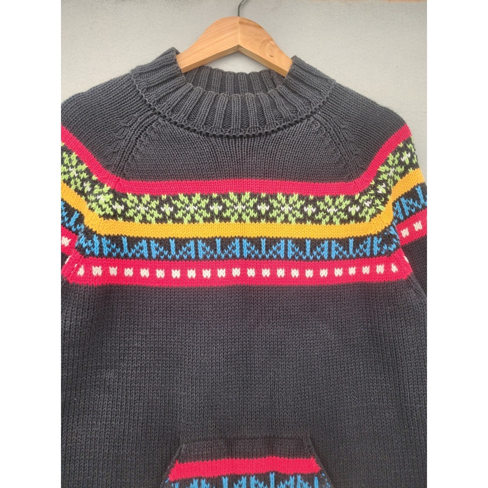 Hanna Andersson Fair Isle Fringe Sweater Charcoal Gray Neon Cotton Knit Medium - Picture 4 of 12